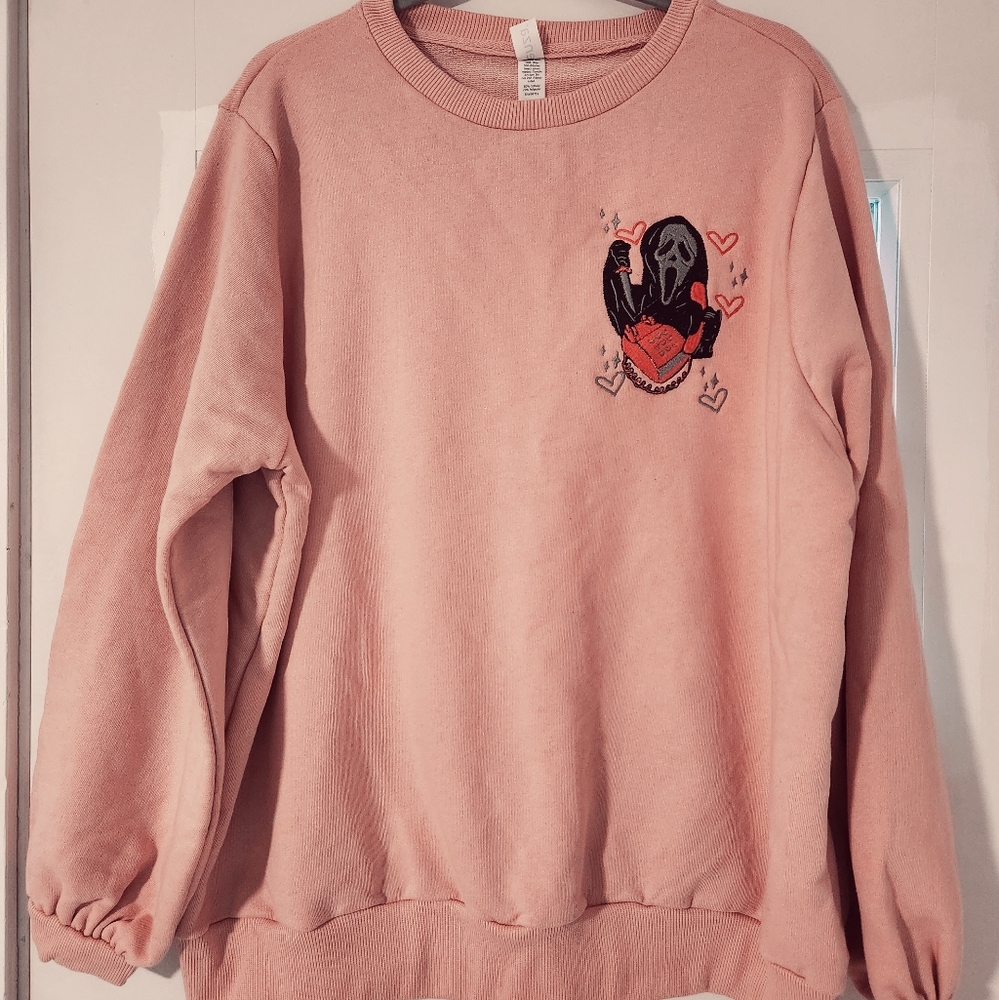 "Scream" Embroidered Balloon Sleeve Crew Sweatshirt, Silver Pink
